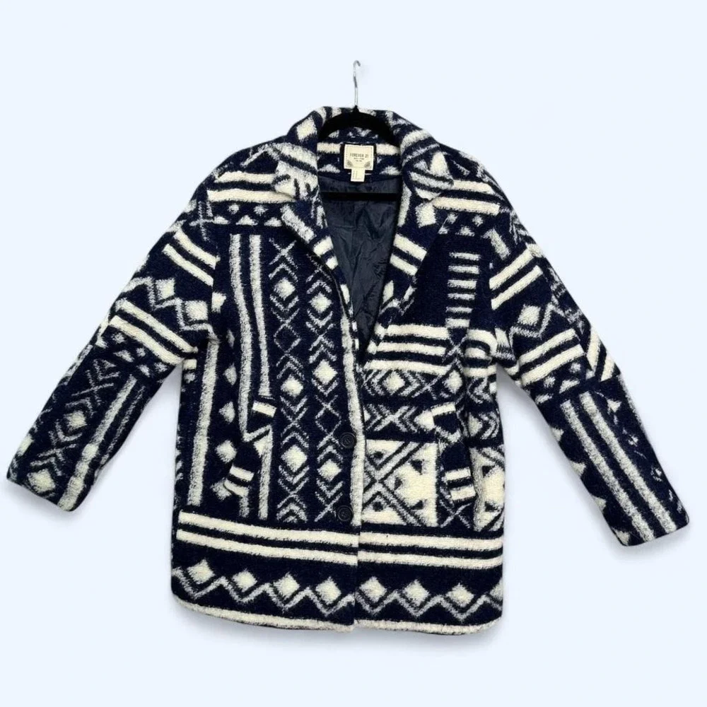 Forever 21 Women's M Navy Cream Aztec Wool Blend‎ Coat Indie Sleaze Southwestern